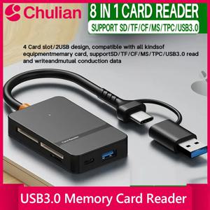 8-in-1 카드 리더 USB3.0 허브 CF/SD/MS/TF 메모리 카드 리더 (PC, 아이폰15, 16, 트레일 카메라용) 외장 USB 플래시 드라이브