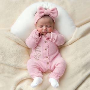 Ylsteed 2Pcs 신생아 니트 의상(활 머리띠 포함), 사진 촬영 및 일상복용 자수 베이비 롬퍼 0-3M