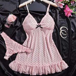 섹시한 여성용 핑크 딥 V 폴카 도트 스트레치 메쉬 스파게티 스트랩 나이트가운 팬티 투피스 슬립웨어 란제리 세트