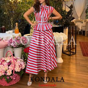 KONDALA 홀리데이 캐주얼 시크 여성 롱 스커트 스트라이프 지퍼 A라인 드레이프 스커트 패션 2026 여름 가을 나이트 아웃 파티 스커트