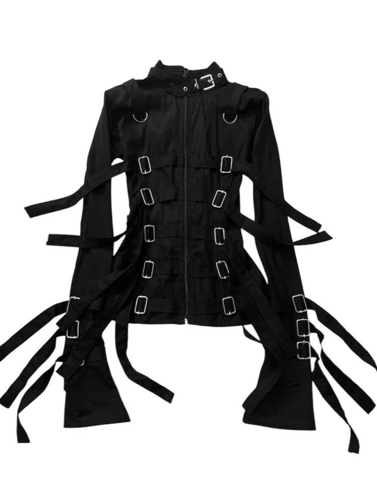 Punk Goth Bondage 스트랩 버클 재킷 여성 Zip- Up Flare Long Sleeve Top Dark Aesthetic Y2K Streetwearable StrapOuterwear