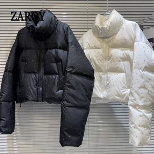 ZAROY 가을 겨울 크롭 재킷 여성용 스탠드 칼라 지퍼 패딩 코튼 따뜻한 코트 패션 다이아몬드 클럽 파티 아우터