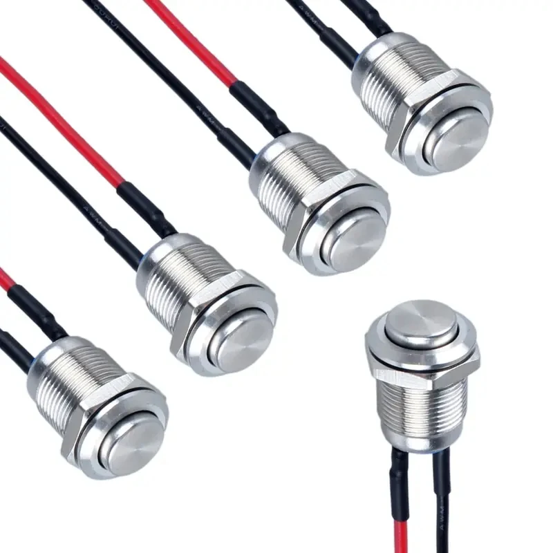 5pcs 12mm 라운드 헤드 순간 푸시 버튼 스위치 스테인레스 스틸 1NO 일반적으로 개방형(자동차 보트용 사전 납땜 케이블 포함)