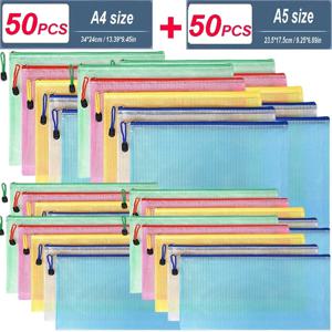 5/10/15/100PCS 문구류 보관 폴더 파일 메쉬 지퍼 파우치 A4 A5 A6 문서 가방 지퍼 파일 폴더 학교 사무용품
