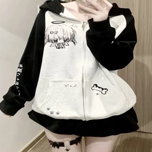 일본식 대비색 후드탑 여성용 Y2k 감성 만화 프린트 그런지 후드티 캐주얼 지퍼업 스웨트셔츠 하라주쿠 스트리트웨어