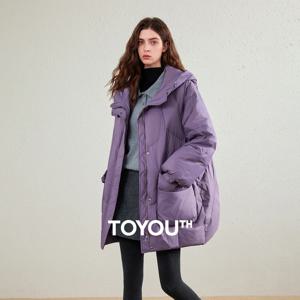 TOYOUTH 여성용 다운 재킷 2026 겨울 신상 90 화이트 덕 다운 퍼플 후드 대형 포켓 따뜻한 롱 아우터웨어