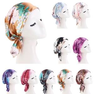 새틴 이슬람 여성 인쇄 Pre-Tied Headscarf 탄성 여성 Turban 암 Chemo Hat 탈모 수면 모자 커버 Headwrap Bandana