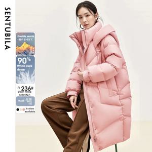 SENTUBILA 긴 소매 다운 재킷 여성용 신상 겨울 미디 다운 코트 스탠드업 칼라 후드 아우터웨어 여성 의류 W44Y55972
