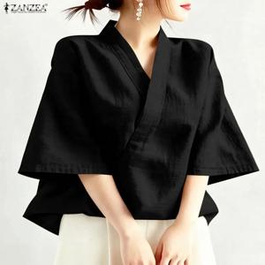 ZANZEA 여성 블라우스 트렌드 2025 여름 크로스 브이넥 반소매 탑스 솔리드 루즈 워크 튜닉 중국 스타일 기모노 셔츠 오버사이즈