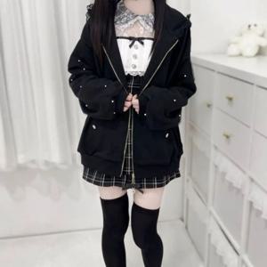 긴 소매 스트랩 토끼 귀 후드티 로리타 JK 겨울 가을 토끼 귀 후드티 카와이 여성용 탑 가디건 여성 Y2K