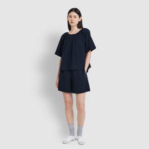 [JAJU/자주] [SET] 여 코튼 셔링 5부 파자마 셔츠, 4부 파자마 팬츠_네이비