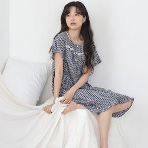[메이플라워]엔틱블루 스퀘어넥 여성 반팔 순면 잠옷 원피스