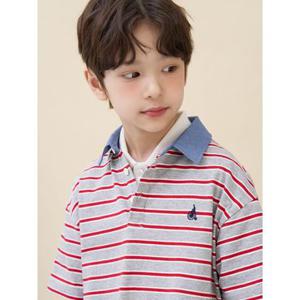 [10% OFF][빈폴키즈] 데님 포인트 칼라 스트라이프 럭비 반소매 티셔츠  그레이 (BI6342U023)