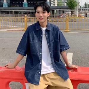 남자7부셔츠 워크웨어 남자 오버핏 5부 반팔 청남방 데님셔츠