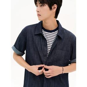 [에잇세컨즈] 리넨 블랜드 반소매 데님 셔츠  네이비 (456865MCDR)