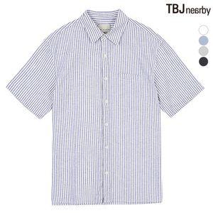 티비제이 남성 5부 코튼린넨 루즈핏 스트라이프 셔츠(T192SH301P)