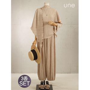 UNE[윈] [3종SET] 모던플리츠 블라우스 + 팬츠 + 숄 SET