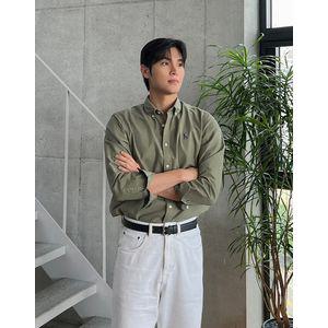 헤지스 남성 카키 솔리드 옥스포드 셔츠 HZSH4C101K1