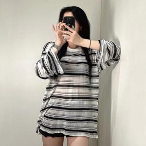 [갓샵]여름 시스루 스트라이프 긴팔 티셔츠 단가라 니트 2종