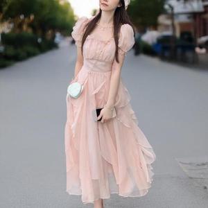 [디자이너몰]여성 스퀘어 카라 페미닌 원피스 허리 조임 쉬폰