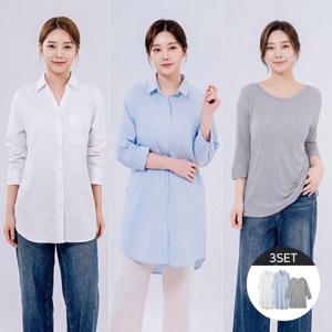★3종세트★[엘루아]루즈핏 린넨 롱셔츠 2종 + 베이직 티셔츠 1종