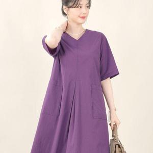 [애비뉴투지]엄마옷 시어서커 지지미 ?은 여성 여름 브이 반팔 A라인 주머니 롱 원피스 K06527