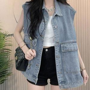 오버빗 날씬 워싱 청 조끼 데일리 카라 베스트 데님