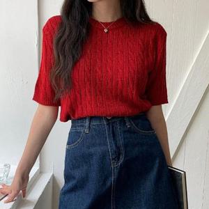 여자 여름 썸머 하객룩 꽈배기 반팔 니트