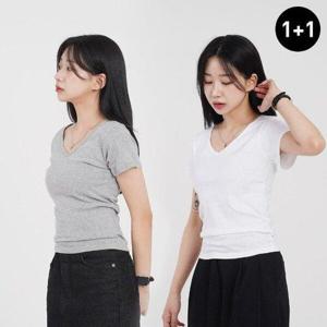 [화이트빌딩]1+1 여성 브이넥 반팔티 기본 무지 이너 슬림핏 흰 면