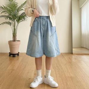 여성 카고 와이드 버뮤다 밴딩 데님 반바지 청 팬츠 WFNMJFR