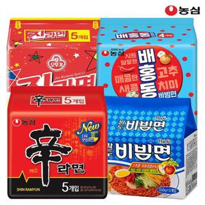 농심 신라면5봉+진라면매운맛5봉+배홍동비빔면4봉+팔도비빔면5봉_