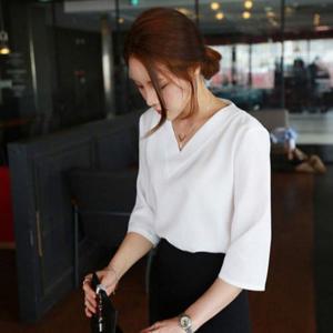 블라우스 셔츠 남방 여자 3컬러 브이넥 베이직 7부 여름