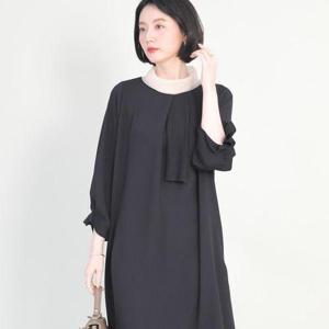 [애비뉴투지]엄마옷 오간자 노방 스탠드 카라 스카프 여성 봄 가을 9부 긴팔 롱 주머니 원피스 K11304