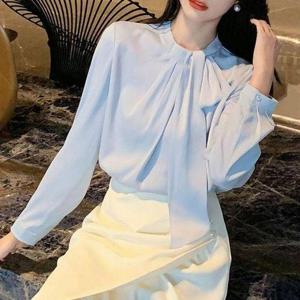 [에이치에스라이프]블라우스 브라우스 셔츠 오피스룩 하객룩 핀턱 타이 라운드넥 새틴