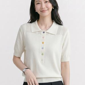 NK3669 여성 심플 베이직 컬러플 버튼 카라 반팔 니트티