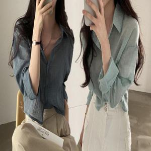 여자블라우스 시스루 여름 크롭 셔츠 거즈면 블라우스 남방 여성