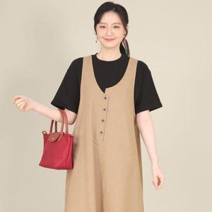 [애비뉴투지]엄마옷 린넨 빼뚤 포인트 깊은 라운드 유넥 단추 주머니 여성 여름 롱 조끼 원피스 K03537