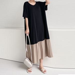 프롬하트 /  프롬하트  배색 밑단 플레어 롱원피스