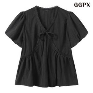 리본 포인트 브이넥 소매 벌룬 반팔 블라우스 (GQBBA003D)
