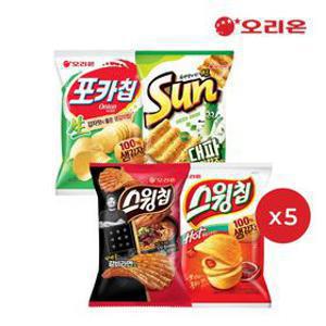 오리온 스낵4종 (포카칩 어니언5 + 썬 대파크림치즈5 + 스윙칩 볶음고추장5 + 스윙칩 갈비라면5)