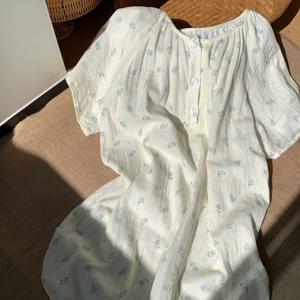 반팔 원피스 순면 블루 로즈 이중거즈 노카라 여름 홈웨어 1color