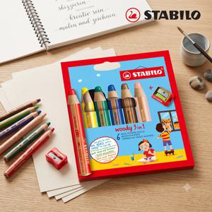 스타빌로 우디 멀티 색연필 세트(6색) 3in1 왁스 크레용 수채물감 유리용