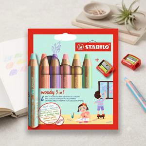 스타빌로 우디 멀티 파스텔 색연필 세트(6색) 3in1 왁스 크레용 수채물감 유리용