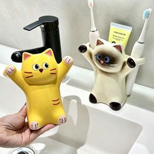 [해외] 귀여운 도자기 고양이 칫솔 꽂이 물빠짐 욕실 칫솔 치약 걸이 거치대 3colors