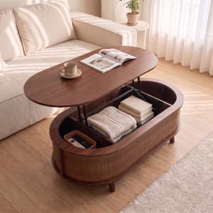라노스 템바보드 수납 리프트업테이블 거실 쇼파 테이블 타원형 1200x600mm, 딥브라운