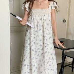 스퀘어넥 블루밍꽃 요루면 원피스 파자마 홈웨어
