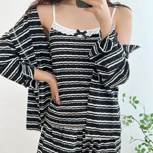 캡내장 레이스 단가라 쓰리피스 파자마세트 가디건 나시 여성 레이스 홈웨어 편한잠옷