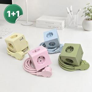 1+1 소프트 컬러 큐브 멀티탭 3구 USB C타입 3m 세트