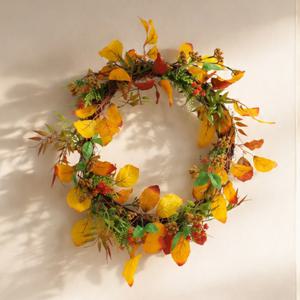 옐로우 가을잎 나무가지 조화 리스 벽장식 58x58cm 인테리어 벽걸이 소품