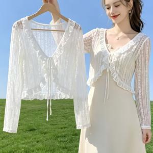 여성 여름용 가볍고 통기성 좋은 레이스 숄, 묶는 디테일, 패셔너블한 다용도 숏 카디건 재킷, 탱크 드레스용 조끼